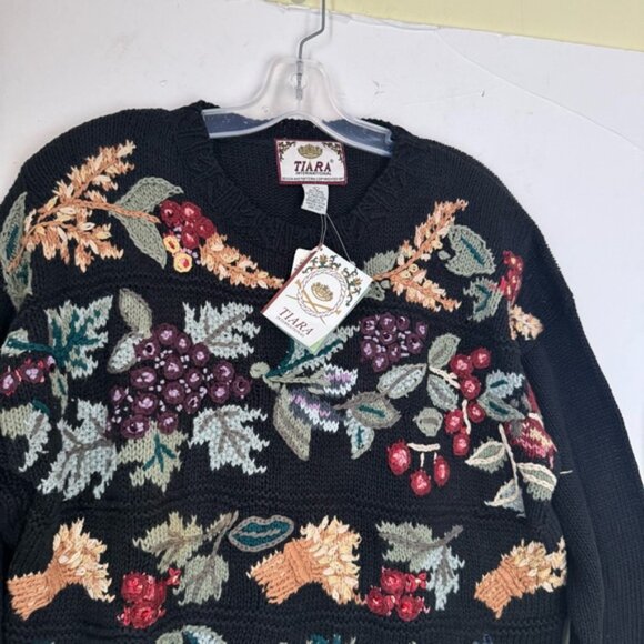 Vintage 80s NEW Tiara Floral Embroidery Cotton Sweater Pullover Oversized Boho L - Picture 6 of 15
